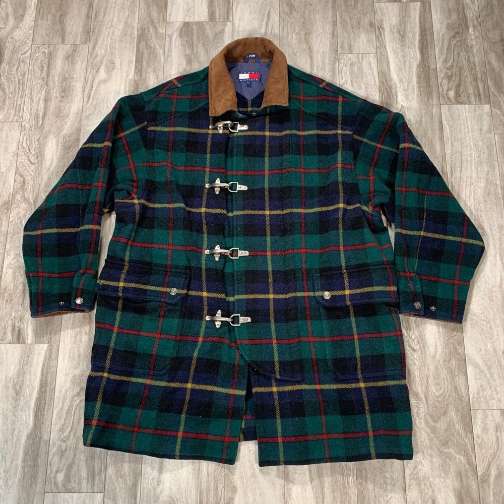 VTG Tommy Hilfiger Plaid Jacket Mens Large Green Lobster Clasp Corduroy Collar